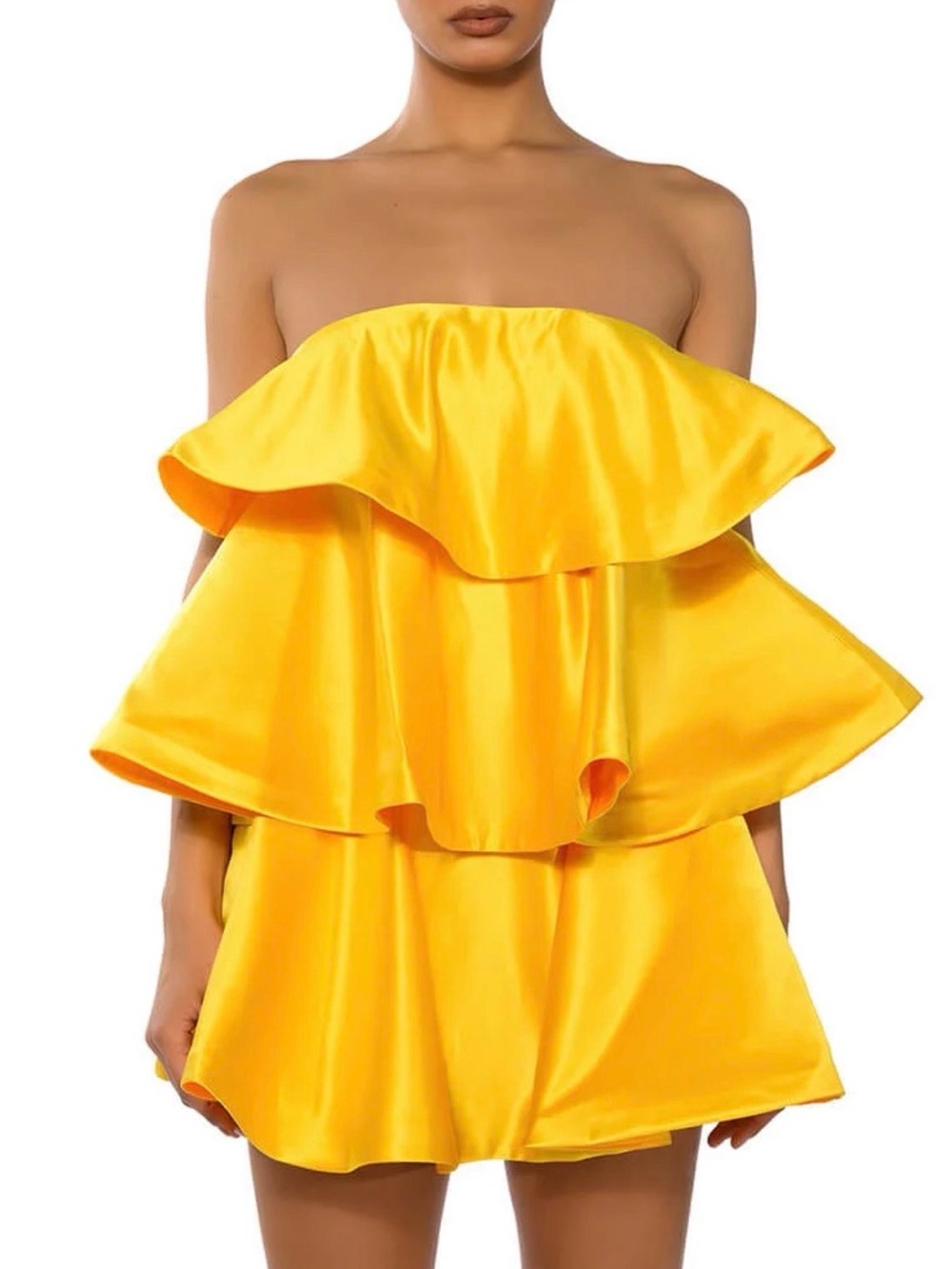 NEVER WORN AKIRA Strapless Layered Satin Mini Dress - Bright Yellow